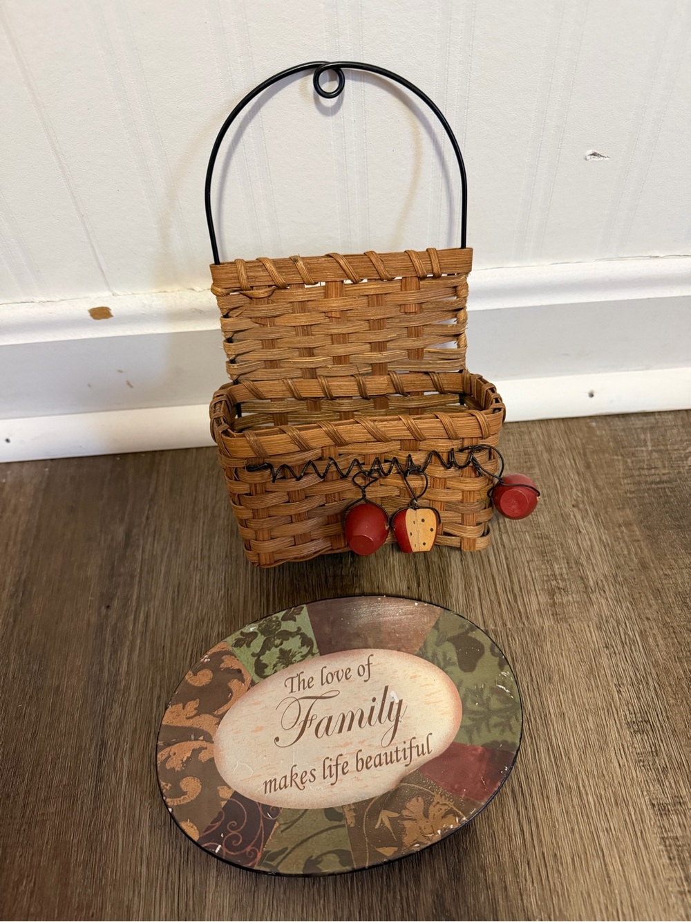 Woven Wall Basket with Red Apple Charms - Decorative Home Accent